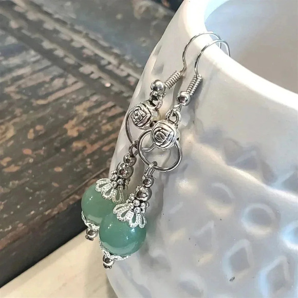 Green Malaysian Jade Gemstone Lacy Trim Silver Carved Rose Handcrafted Earrings - Picture 2 of 10
